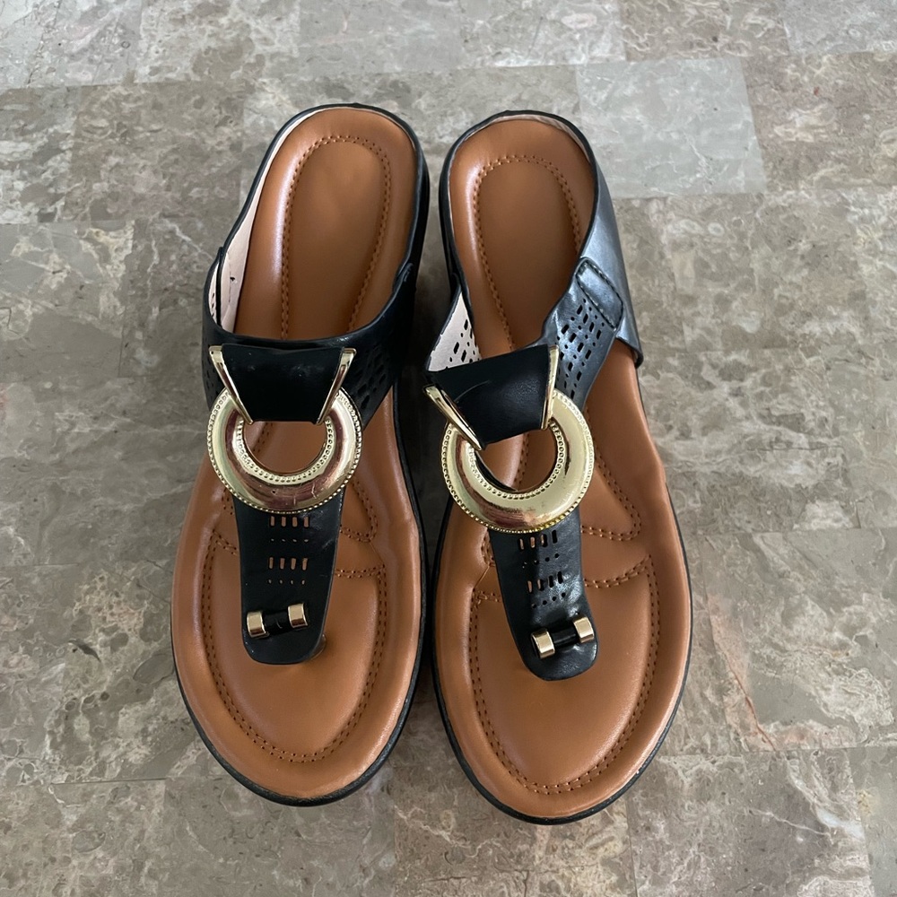 Black and Tan Leather Sandals with Stud Details